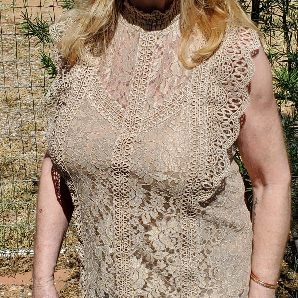 A Cable & Gauge, gently-used, sleeveless, lace and crochet blouse, Size small